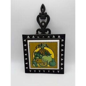 Vintage Howard Holt Cast Iron Ceramic Tile Trivet Fruit Pineapple Retro MCM